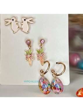 🐣Easter Bunny Carrot Egg Earring Set 3 Pair Goldtone Hypoallergenic Spring Set